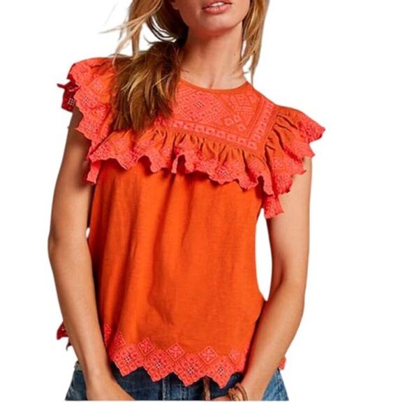 Anthropologie Rica Embroidered Top Size M Sleeveless Ruffled Cotton Easy Comfy - Picture 2 of 9